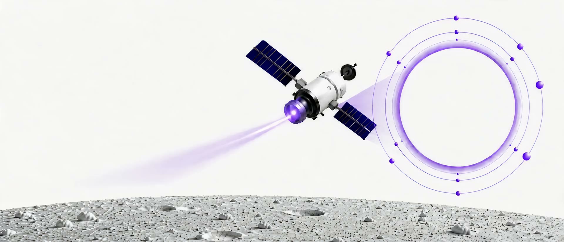 A satellite transmitting signals beside glowing orbital rings over the moon
