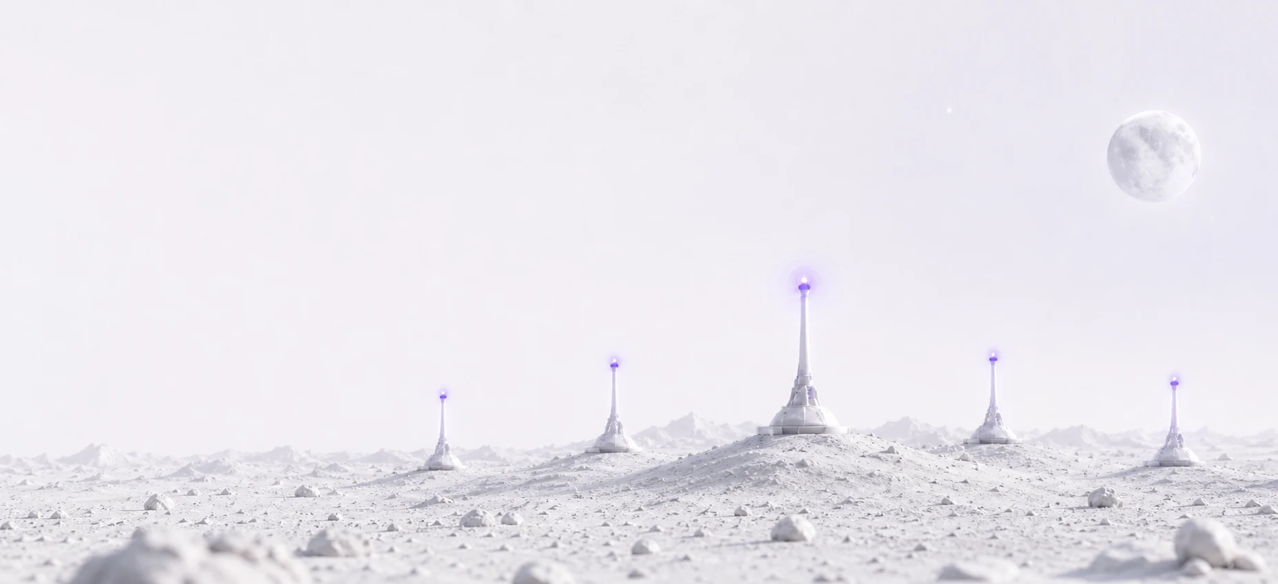 Five violet beacons across a bright lunar landscape